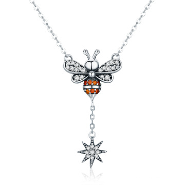 925 Sterling Silver Jewelry Fashion Bee Clear CZ Snowflake Pendant Necklace